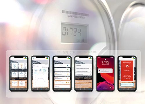 Smartphones auf Smartmeter Hintergrund mit Inhalten der App dargestellt